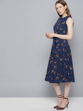 Load image into Gallery viewer, Queen ellie Women Navy Blue Printed Fit and Flare Dress
