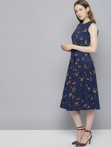 Queen ellie Women Navy Blue Printed Fit and Flare Dress