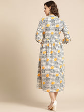 Load image into Gallery viewer, Queen ellie Women Beige &amp; Navy Blue Printed A-Line Dress
