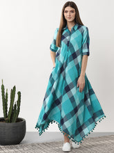 Load image into Gallery viewer, Queen ellie Women Blue Checked Fusion Maxi Dress
