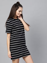 Load image into Gallery viewer, Queen ellie Women Black &amp; White Striped T-shirt Dress
