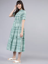 Load image into Gallery viewer, Queen ellie Women Green Checked Fit and Flare Dress
