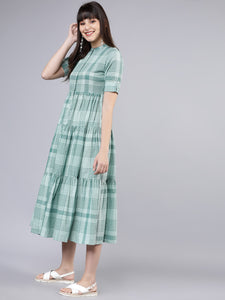 Queen ellie Women Green Checked Fit and Flare Dress