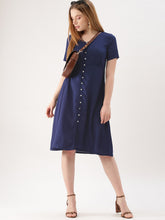 Load image into Gallery viewer, Queen ellie Women Navy Blue Solid A-Line Dress
