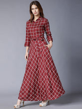 Load image into Gallery viewer, Queen ellie Burgundy Checked Flared Belted Shirt Maxi Dress
