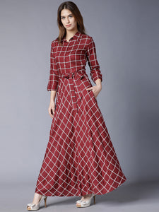 Queen ellie Burgundy Checked Flared Belted Shirt Maxi Dress