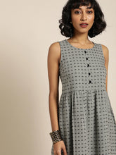 Load image into Gallery viewer, Queen ellie Women Grey &amp; Black Self Design Woven Legacy A-Line Midi Dress with Gathers
