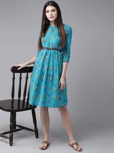 Queen ellie Women Blue & Green Printed A-Line Dress