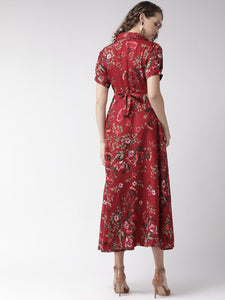 Queen ellie Maroon & Olive Green Floral Print Maxi Shirt Dress