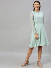 Load image into Gallery viewer, Queen ellie Women Green Solid Fit and Flare Dress With Lace Inserts
