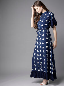 Queen ellie Women Navy Blue & White Printed Maxi Shirt Dress