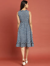 Load image into Gallery viewer, Queen ellie Women Blue Indigo Hand Block Print A-Line Dress with Layered Hem
