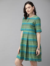 Load image into Gallery viewer, Queen ellie Women Green &amp; Blue Striped A-Line Dress
