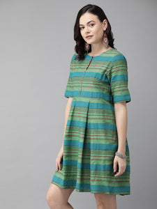 Queen ellie Women Green & Blue Striped A-Line Dress