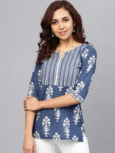 Load image into Gallery viewer, Queen ellie Women Navy Blue &amp; Off-White Printed A-line Kurti
