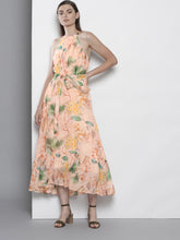 Load image into Gallery viewer, Queen ellie Women Peach-Coloured &amp; Green Tropical Printed Maxi Dress
