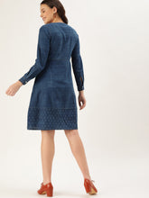 Load image into Gallery viewer, Queen ellie Women Blue Indigo Hand Block Print A-Line Dress with Tie-Up Detail &amp; Cuffed Sleeves
