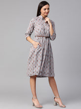 Load image into Gallery viewer, Queen ellie Women Grey &amp; Rust Orange Printed Shirt Dress
