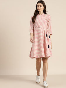 Queen ellie Women Pink & White Striped Wrap Dress