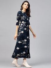 Load image into Gallery viewer, Queen ellie Women Navy Blue &amp; Golden Floral Print Maxi Dress
