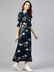 Queen ellie Women Navy Blue & Golden Floral Print Maxi Dress