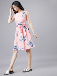 Queen ellie Women Pink & Blue Floral Print Fit and Flare Dress