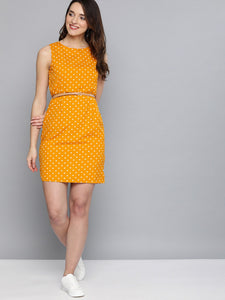 Queen ellie Mustard Yellow & Off-White Polka Dot Print Sheath Dress