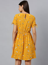 Load image into Gallery viewer, Queen ellie Women Mustard Yellow &amp; White Floral Print Fit &amp; Flare Dress With Tie-Up Sleeves
