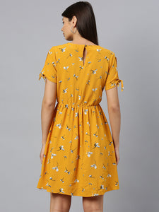 Queen ellie Women Mustard Yellow & White Floral Print Fit & Flare Dress With Tie-Up Sleeves