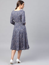 Load image into Gallery viewer, Queen ellie Women Navy Blue &amp; Pink Printed Fit and Flare Dress
