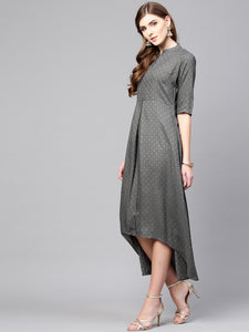 Queen ellie Women Grey Self Design Midi A-Line Dress