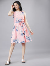 Load image into Gallery viewer, Queen ellie Women Pink &amp; Blue Floral Print Fit and Flare Dress
