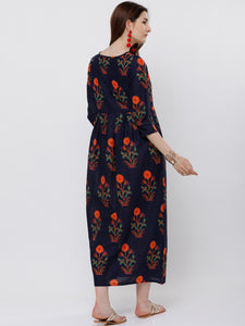 Queen ellie Women Navy Blue Floral Printed Ethnic Maxi Dress