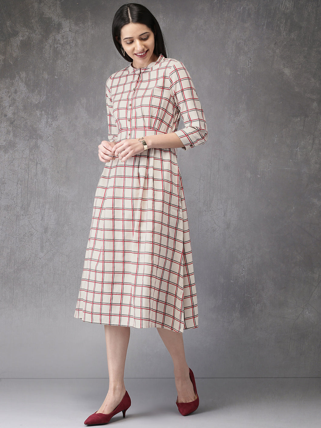 Queen ellie Women Off-White & Red Checked A-Line Kurta