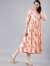 Load image into Gallery viewer, Queen ellie Women Peach-Coloured Floral Print Fit and Flare Dress
