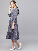 Load image into Gallery viewer, Queen ellie Women Navy Blue &amp; Pink Printed Fit and Flare Dress
