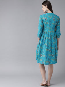 Queen ellie Women Blue & Green Printed A-Line Dress