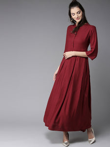 Queen ellie Women Maroon Solid Maxi Dress