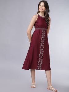 Queen ellie Women Maroon Embroidered A-Line Dress