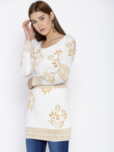 Queen ellie White & Gold-Toned Printed Kurti