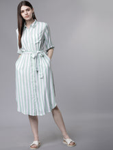 Load image into Gallery viewer, Queen ellie Women Green &amp; White Striped Shirt Dress
