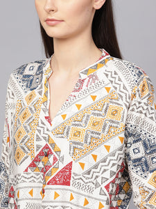 Queen ellie Women Off White & Mustard Yellow Printed Straight Kurti