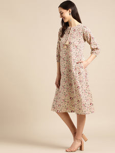 Queen ellie Women Beige & Red Floral Print A-Line Dress