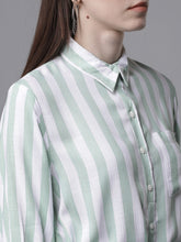 Load image into Gallery viewer, Queen ellie Women Green &amp; White Striped Shirt Dress
