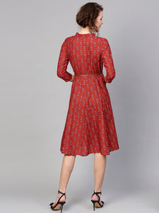 Queen ellie Women Rust Red Printed A-Line Dress