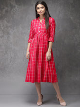 Load image into Gallery viewer, Queen ellie Women Pink &amp; White Checked Fusion A-Line Kurta
