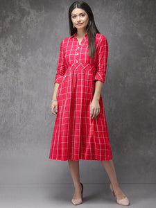 Queen ellie Women Pink & White Checked Fusion A-Line Kurta