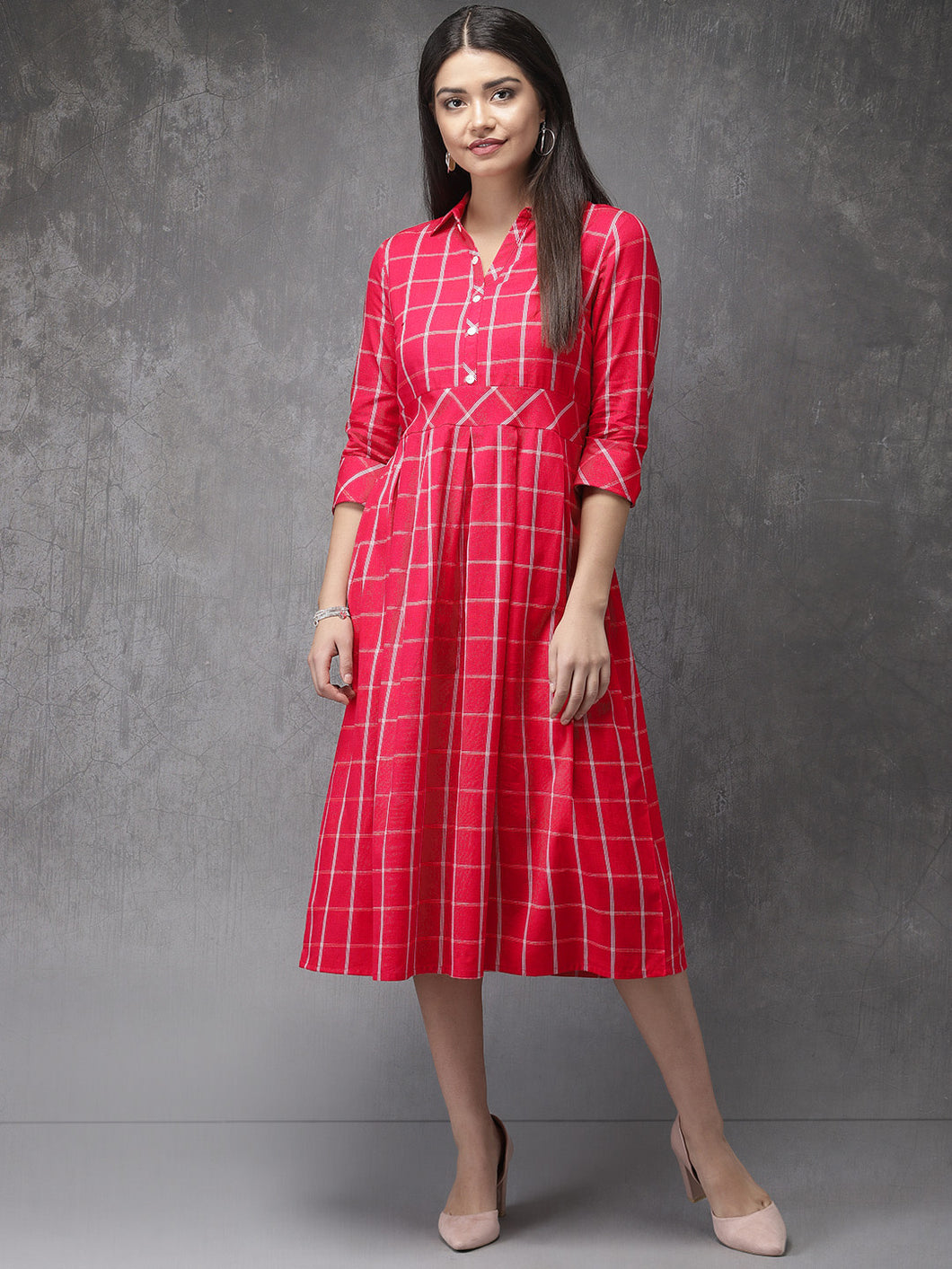 Queen ellie Women Pink & White Checked Fusion A-Line Kurta