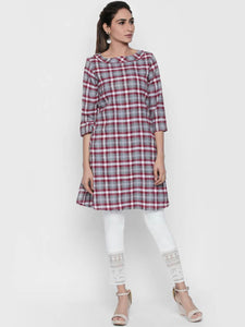 Queen ellie Women Red & Grey Checked A-Line Kurti