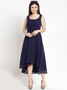 Queen ellie Women Navy Blue Solid High-Low Fit and Flare Dress